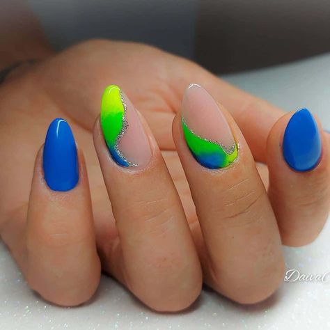 Blue & Green Almond Nails Short Design Almond Nails Short Design, Nail Design Ideas Short, Nails Short Design, Almond Nail Design Ideas, Green Almond Nails, Summer Stiletto Nails, Almond Nails Designs Summer, Basic Nail, Acrylic Nails Almond Shape