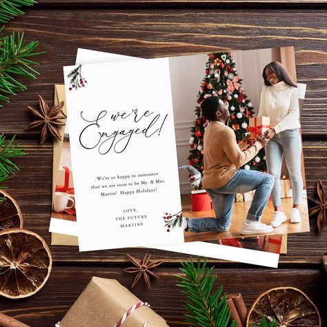 Engaged Christmas Card, Christmas Engagement Announcement, Holiday Engagement, We're Engaged, Card Engagement, Holiday Dinner Party, Custom Christmas Cards, Engagement Announcement, Holly Berry