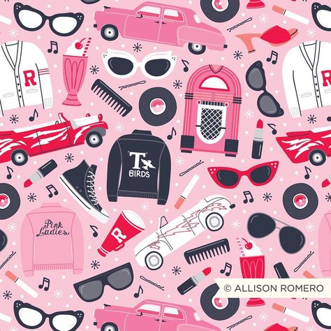 I was pretty much obsessed with #grease when I was a kid! I rewatched it recently and wanted to make a pattern inspired by the film! 🎶 . .… Grease Aesthetics, Grease Aesthetic, Pink Ladies Grease, Ghostbusters Theme, Grease Party, Grease Movie, 50s Diner, Fanart Illustration, Harry Potter Artwork