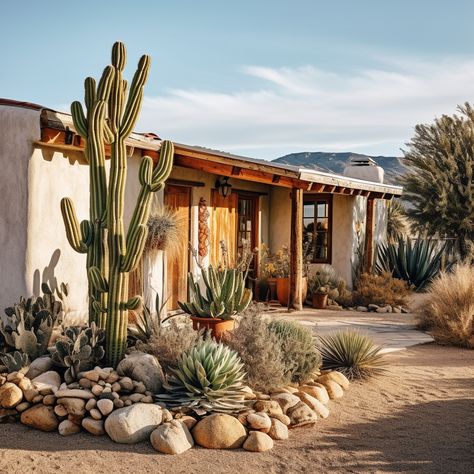 Mexican Cactus Garden, Southwest Farmhouse Exterior, Aloe Garden Landscaping, Southwest Landscaping, Desert Landscaping Backyard, Desert Landscape Design, Cactus Garden Landscaping, High Desert Landscaping, Desert Backyard