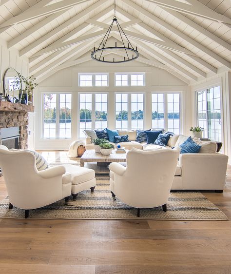 Living Room Blue And White, Mirror Above Fireplace, Lake House Living, Lake House Living Room, Above Fireplace, Blue And White Decor, Asma Kat, Living Room Blue, White Living Room Decor