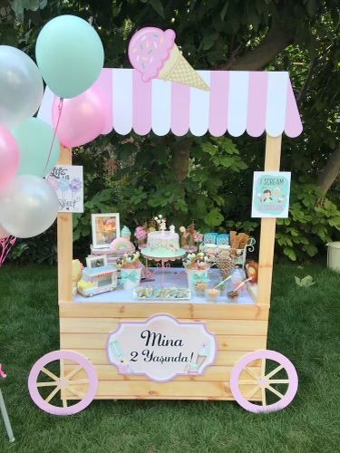 Donut Garland, Ice Cream Birthday Party Theme, Ice Cream Party Theme, Candy Theme Birthday Party, 2nd Birthday Party For Girl, Candy Land Birthday Party, Blue Confetti, Ice Cream Cart, Candy Birthday Party