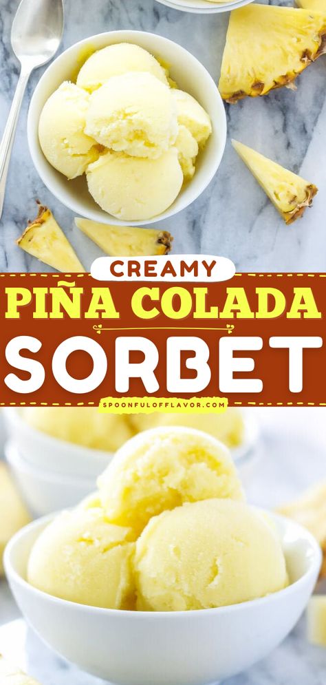 Piña Colada Sorbet Alcoholic Sorbet Recipes, Fresh Fruit Sorbet Recipes, Frozen Sorbet Recipes, Island Way Sorbet Recipe, Frozen Fruit Sorbet Recipes, Fresh Coconut Recipes, Ninja Sorbet Recipes, Ninja Creami Recipes Smoothie Bowl, Recipes With Fresh Pineapple