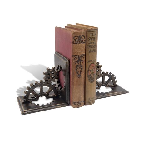 Gear sets comprise these unusual, cast iron, bookends that fit nicely in a steampunk or industrial-style or mechanical setting. Dimensions (inches): 9.5W x 4D x 5H. Industrial Bookends, Décor Steampunk, Library Den, Industrial Gears, Industrial Design Portfolio, Industrial Age, Vintage Industrial Decor, Steampunk Decor, Vintage Industrial Furniture