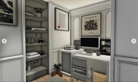 2x3 Office Bloxburg, Bloxburg Ideas Office, Bloxburg House Interior Kitchen, Bloxburg Realistic Decor, Small Office Bloxburg, Bloxburg Linen House, Extra Space Ideas Bloxburg, Bloxburg Modern Farmhouse Bedroom, Office Idea Bloxburg