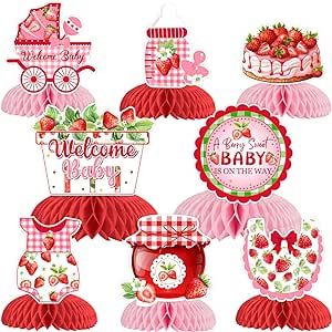 Sursurprise Strawberry Baby Shower Decorations, 8 Pieces Strawberry Honeycomb Centerpieces, A Berry Sweet Baby is On The Way Table Topper Decor for Girls Fruit Themed Party Supplies Strawberry Shortcake Baby Shower Ideas Centerpieces, Strawberry Baby Shower Centerpieces, Strawberry Theme Centerpieces, Strawberry Centerpiece Ideas, Strawberry Shortcake Centerpieces, Berry Sweet Baby Shower Theme, Grease Party, Baby Shower Girl Diy, Storybook Baby Shower