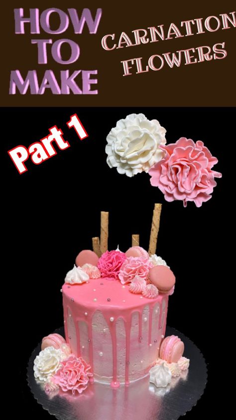 CARNATION FLOWERS from Gum Paste Cake Decorating Tutorial will teach you the simple steps to make your own carnations for your cake. It doesn't all have to be roses - these flowers are pretty, ruffly, and add lots of dimension to your cake. In this cake decorating video class I use edible gum paste, but sugar paste, modeling paste, or even fondant can sometimes be used. Everything is done right in my own kitchen, with just a handful of basic tools. #CaketasticCakes Donut Ideas, Edible Gum, Cookie Cake Decorations, Flower Cake Decorations, Carnation Flowers, Drizzle Cake, Spring Cake, Cookies Cake, Cookie Tutorials