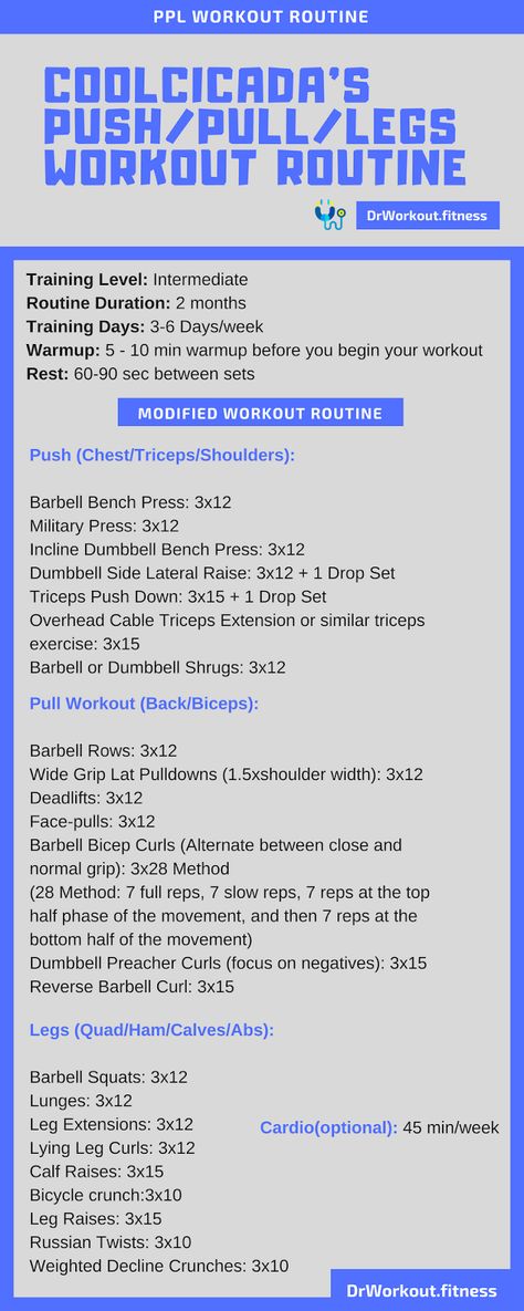 Coolcicada’s Push/Pull/Legs Workout Routine (Modified Version) #intermediate #bodybuilding #workout #workoutroutine #workoutplan #gym Intermediate Exercise Routine, Push Day Supersets, 3 Day Push Pull Workout Routine, Push Pull Legs Split Workout Routines, 3 Day Push Pull Legs Workout, Push Pull Leg Workout Routine, Push Pull Workout Routine Gym, Push Pull Legs Split, Push Pull Workout Routine Women