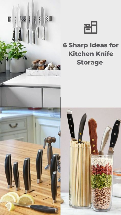 Safety should be a priority in any kitchen, and every kitchen has knives. Tossing a bunch of sharp objects into a drawer together may work for some people, but there are plenty of efficient and creative ways to store your knives in places where you won’t accidentally stab yourself while reaching for one. Kitchen Knife Storage Ideas, Knife Storage Ideas, Knives In Kitchen, Kitchen Knife Storage, Knife Drawer, Kitchen Organization Ideas, Ideas For Kitchen, Knife Storage, Countertop Storage