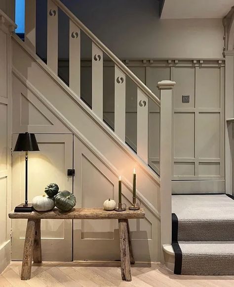 Neptune Hallway, Stairs And Landing Decor, Hallway Stairs Ideas, Farrow And Ball Hallway, Hallway Stairs And Landing, Farrow And Ball Bedroom, Landing Decor, Painted Benches, Painted Staircases