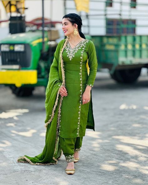 Patch Work Punjabi Suit Design, 3d Suits Punjabi, Kirat Randhawa Suits, Green Colour Suit Design, Mehndi Colour Suit Design, Gurkirat Randhawa Suits, Latest Punjabi Suit Designs Embroidery, Suit Work Design Punjabi, Punjabi Salwar Suits Boutique