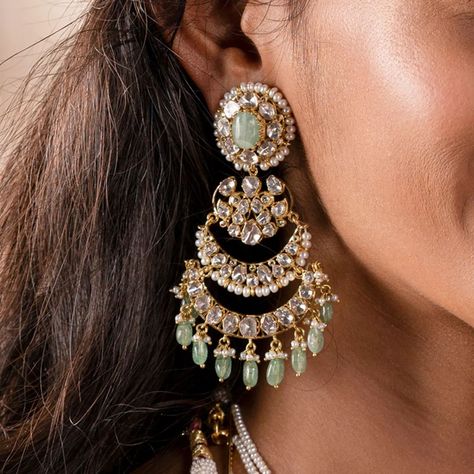 Polki Chandbali, Gold Temple Jewellery, Polki Earrings, Bridal Diamond Jewellery, Chandbali Earrings, Polki Jewellery, Bangles Jewelry Designs, Diamond Jewelry Designs, Jewelry Design Earrings