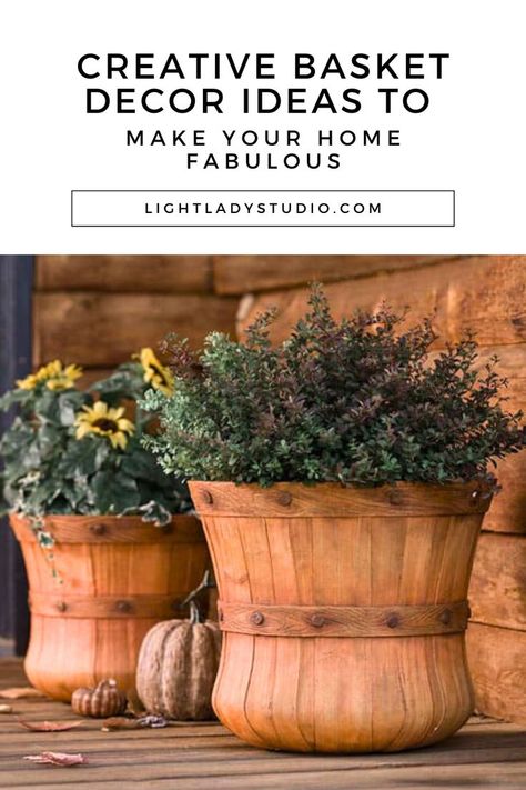 basket-decor-ideas-for-your-backyard How To Decorate With Baskets, Basket Decor Ideas, Decorate With Baskets, Vintage Medicine Cabinets, Outdoor Decor Ideas, Large Wicker Basket, Bushel Baskets, Basket Decor, Tv Console Table