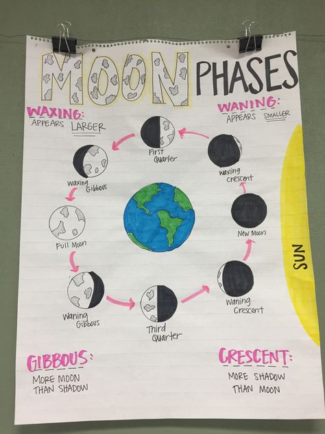 Moon Phases Anchor Chart Space Anchor Charts, Moon Phases Project Ideas, Moon Phases Craft, Moon Phase Project Ideas, Moon Anchor Chart, Moon Phases Project, Moon Phases Anchor Chart, Moon Phases School Project, Sun Anchor Chart First Grade