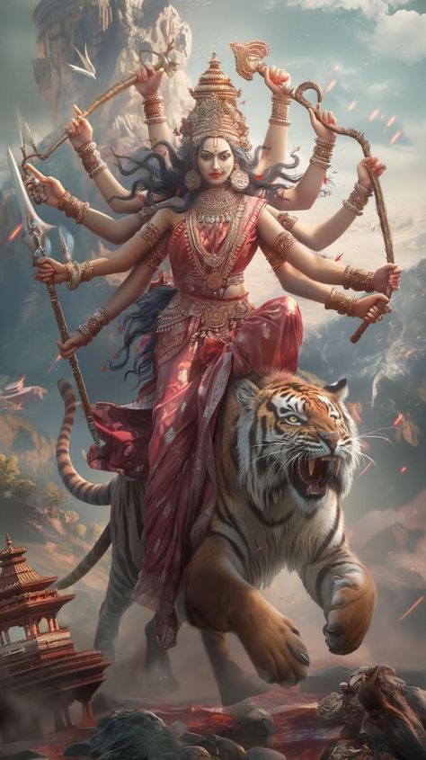 Durga Maa Pictures, Nav Durga, Shakti Goddess, Religious Illustration, Goddess Artwork, Maa Durga, Krishna Radha Painting, Tiger Art, Mythology Art