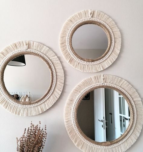 Macrame Mirrors, Round Hanging Mirror, White Mirror Frame, Boho Mirror, Rope Mirror, Beaded Macrame, Macrame Mirror, Design Mirror, Macrame Wall Decor