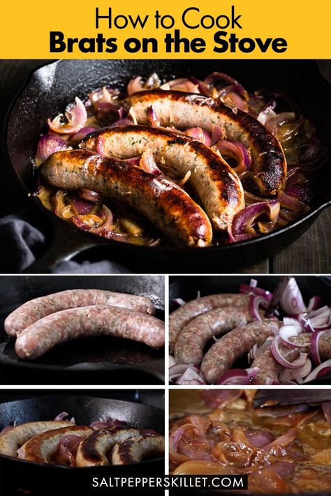 One skillet brats with caramelized onions is one of the easiest and most delicious meals you can make with only 3 ingredients and less than 20 minutes. Perfect every time for an easy weeknight dinner, Sunday supper or an Oktoberfest party. Cooking Brats On Stove, Bratwurst On The Stove, Brats On The Stove, Bratwurst Dinner, Brats Recipe, How To Cook Brats, Dinner Sunday, Bratwurst Recipes, Bratwurst Sausage