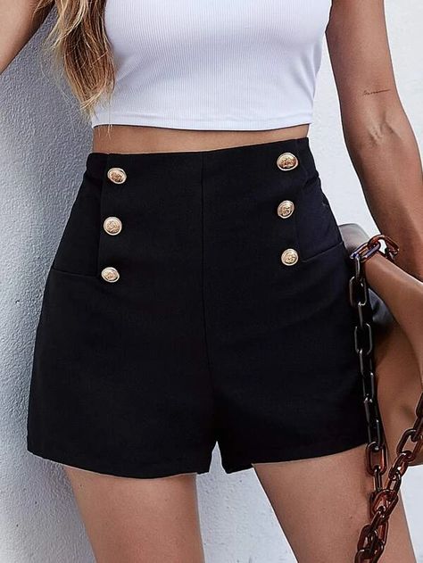 Double Breasted High Waisted Shorts | SHEIN USA Sailor Shorts, Metallic Shorts, Black High Waisted Shorts, Chic Blouses, Type Of Pants, Accessories Jacket, Shorts Black, Look Chic, Swimwear Tops