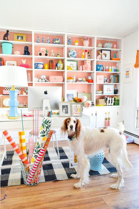 We painted our wood panelling in a bright white and Noble Blush (pink) from BEHR paint, to create a feminine and colourful home office space. Colourful Home Office, Pink Home Offices, Home Office Vintage, Pink Home Office, Wood Panelling, Colourful Home, Cool Office Space, Plaid Rug, Work Office Decor