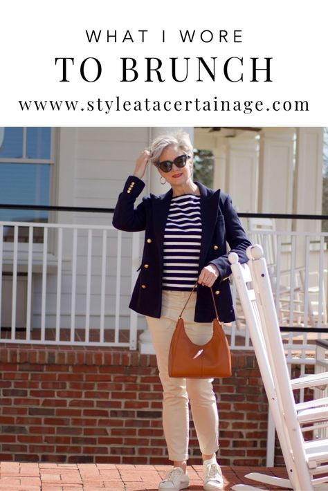 Women Fashion Ideas, Beth Djalali, Fashion Ideas For Women, Outfit Brunch, Fall Brunch, Style At A Certain Age, Brunch Fashion, Navy Blue Blazer, Advanced Style