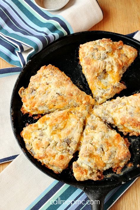 Cheddar cheese and spicy sausage are combined with Greek yogurt in these flaky, buttery and decadent Sausage Cheese Scones. #scones #biscuits #sausage #cheese #cheddar #breakfast Pecan Scones, Cheese Scone Recipes, Breakfast Scones, Cheese Scones, Savory Scones, Spicy Sausage, What's For Breakfast, Honey Butter, Scone Recipe