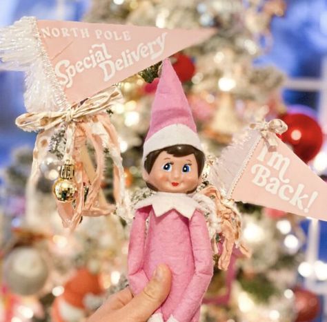 Elf On The Shelf Ribbon Ideas, Diy Elf On The Shelf Doll, Elf On Shelf Welcome Back, Cool Elf On The Shelf Ideas, Welcome Elf On The Shelf Back, Pink Elf On The Shelf, Elf Welcome Back Ideas, Elf On The Shelf Welcome Back Ideas, Welcome Back Elf On The Shelf Ideas