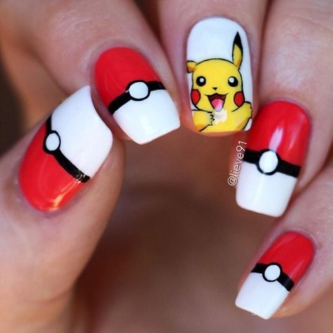 With over a dozen Pikachu designs to choose from we chose Anja Šterk, otherwise… Nail Designs Pokemon, Pokemon Nail Art, Pikachu Nails, Kutek Disney, Anime Nails, Essence Cosmetics, Nails For Kids, Disney Nails, Nail Art Inspiration