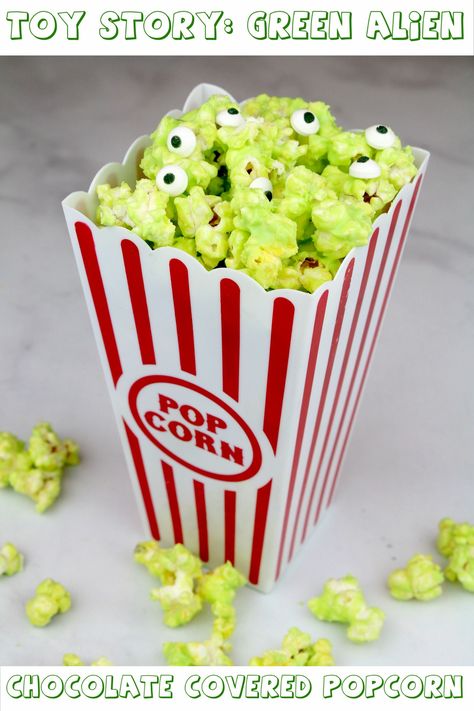 Disney Pixar Toy Story Green Alien Chocolate Covered Popcorn Recipe - Life. Family. Joy Toy Story Popcorn, Chocolate Covered Popcorn Recipe, Covered Popcorn, Chocolate Covered Popcorn, Disney Themed Food, Toy Story Party Decorations, Alien Party, Gluten Free Candy, Popcorn Recipe