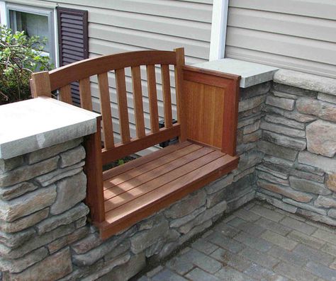 Brick Bench, Brick Fences, Tudor Cottage, Manufactured Stone Veneer, Porch Bench, Small Front Porch, Porch Addition, Brick Fence, Porch Columns