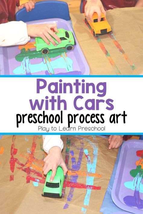 Visual Art Activities For Preschool, Cars Preschool Theme, Transportation Theme Preschool Art Craft Ideas, Wheels Unit Preschool, Preschool Transportation Art, Transportation Art Preschool, Painting With Cars, Preschool Process Art, Cars Preschool