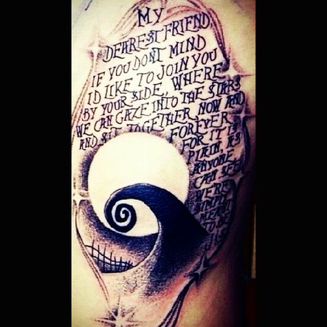 Quote and the mountain from Tim Burton's "Nightmare Before Christmas" #quote #jackskellington #jackandsally #nightmarebeforechristmas #TimBurton #blackwork Hill Tattoo, Tattoo Font For Men, Tim Burton Tattoo, Nightmare Before Christmas Tattoo, Christmas Tattoo, Blossom Tattoo, Arrow Tattoos, Sister Tattoos, Disney Tattoos