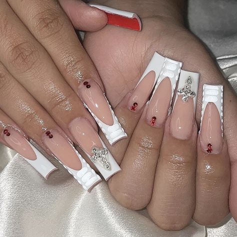 ig: setsbycarolaa Red Bottom Nails With White, White Nails With Red Rhinestones, White Red Bottom Nails, Square Medium Nails, Red Bottom Nails, Fye Nails, Tech Ideas, Simple Acrylic, Prom 2024