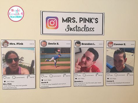 Instagram Classroom Board, Instaclass Bulletin Board, Instagram Theme Bulletin Board, Social Media Decorations Ideas, Social Media Themed Classroom, Teacher About Me Bulletin Board, Social Media Bulletin Board Ideas, Photography Classroom Decor, Instagram Board Ideas