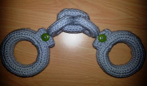 My Grandson's new handcuffs... at least he can't lose the key! Crochet Handcuffs, Inappropriate Crochet, Funny Crochet, Knitting Baby, Crochet Humor, Crochet Inspo, Crochet Mandala, Crafty Things, Crochet Accessories