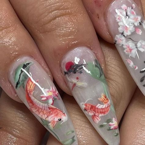 Coy Fish Nail Art, Koi Nails Designs, Koi Fish Nails Acrylic, Fish On Nails, Koi Nail Art, Coy Fish Nails, Lily Pad Nails, Koi Pond Nails, Gengar Nails