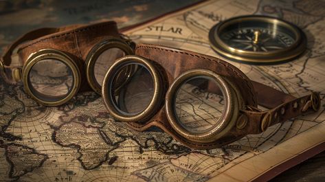 Vintage Navigational Tools: A pair of classic leather aviator goggles rests atop an old map beside a compass. #vintage #exploration #adventure #travel #navigation #aiart #aiphoto #stockcake ⬇️ Download and 📝 Prompt 👉 https://ayr.app/l/37ES Airplane Goggles, Aviator Aesthetic, Goggles Aesthetic, Forest Academia, Pilot Goggles, Compass Vintage, Aviator Cap, Aviator Goggles, Airplane Pilot