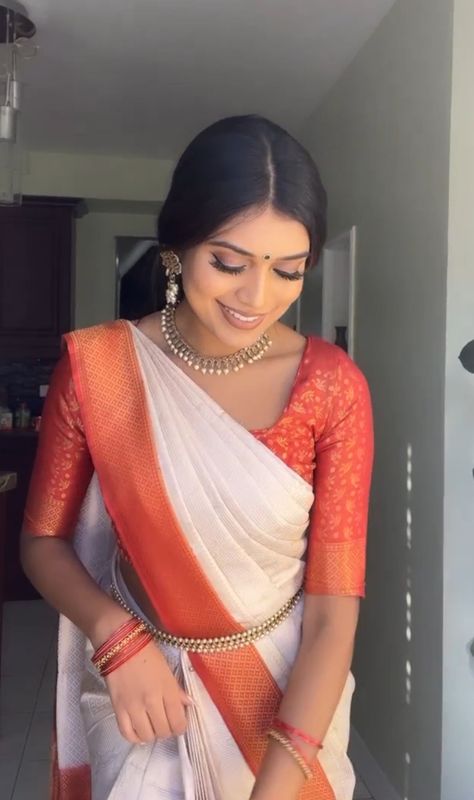 tamil functions Tamil Look Saree, Traditional Tamil Saree Look, Tamil Wedding Outfit, Tamil Traditional Dress, Tamil Girls Saree Look, Tamil Saree Look, Tamil Clothing, Tamil Outfits, White Kanjeevaram Saree