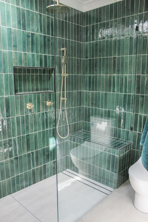 2024 Bathroom Renovation Trends - On The Ball Bathrooms Blue And Green Tile Bathroom, Blue Green Bathroom Tile, Green And Blue Bathroom, Sea Green Bathroom, Brushed Gold Bathroom Fixtures, Emerald Bathroom, Sea Green Bathrooms, Gold Bathroom Fixtures, Small Bathroom Plans