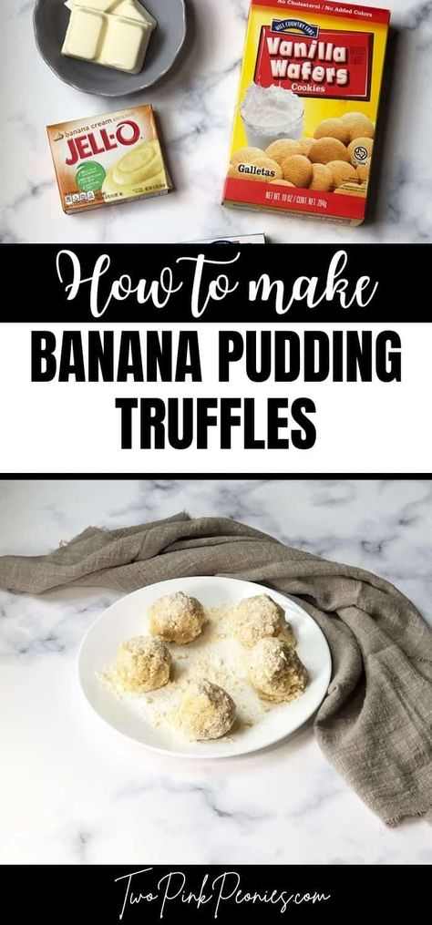 Banana Pudding Truffles {easy no bake recipe} | Two Pink Peonies Truffles Easy No Bake, Chocolate Banana Pudding, Oreo Truffles Recipe, Easy Truffles, No Bake Recipe, Easy Puddings, Sweet Treats Desserts, Bite Size Desserts, Oreo Truffles