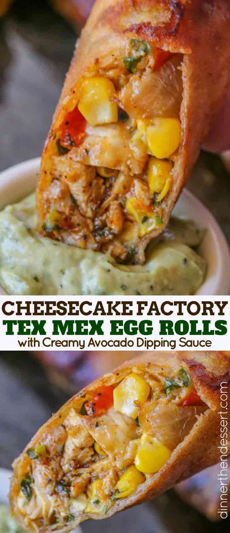 Cheesecake Factory Tex Mex Egg Rolls Copycat made with spiced chicken, beans, corn, bell peppers, onions, garlic, cilantro and cheddar cheese in a crispy egg roll with creamy avocado cilantro dipping sauce. #cheesecakefactory #cheesecakefactoryrecipes #copycatrecipes #easyrecipes #recipes #texmex #eggrolls #dinnerthendessert #appetizer #appetizers #appetizerrecipes Tex Mex Egg Rolls, Cilantro Dipping Sauce, Chicken Beans, Mexikansk Mat, Banana Split Dessert, Crispy Egg, Recipes Italian, Spiced Chicken, Egg Roll Recipes