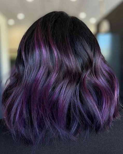 Deep Purple Balayage on Shoulder-Length Hair Partial Balayage Highlights, Ombre For Dark Hair, Base Hair Color, Deep Purple Hair, Purple Hair Color Ombre, Hair Color Ideas For Brunettes Short, Dark Purple Hair Color, Partial Balayage, Dark Ombre Hair