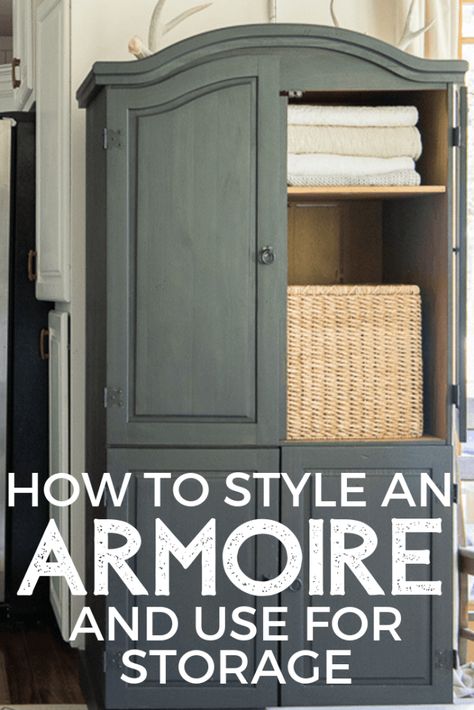 How to style an armoire and use it as valuable storage in your home. How I transformed my cheap, old broken armoire into a stylish black armoire in the living room! How it got a new life with a coat of paint and a few great ideas Armoire Storage Ideas Clothes, Armoire Refinishing Ideas, White Armoire Makeover, Armoire Blanket Storage, Armoire Uses, Armoire Storage Organizing, Armoire In Closet, Armoire In Laundry Room, Armoire Ideas Living Room