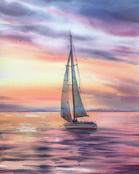 Boat Painting Acrylic, Ocean Art Painting, Watercolor Boat, Dream Boat, Sailboat Art, Sailboat Painting, Art Watercolor Painting, Hur Man Målar, Boat Art