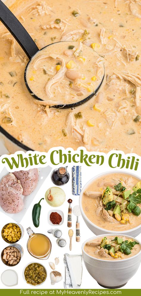 White Chicken Chili Recipe- fall winter comfort food. Easy healthy meal for families. Chicken chili recipe to make in dutch oven. Southern White Chicken Chili, Dutch Oven Chicken Chili, Recipe For White Chicken Chili, Food Easy Healthy, White Chicken Chilli, Dutch Oven Soup, Dutch Oven Chicken, Stews Recipes, White Chicken Chili Recipe