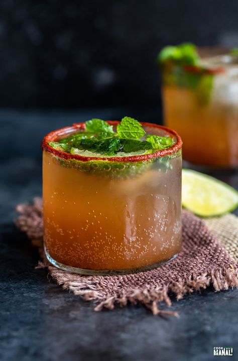 Spiced Tamarind Mocktail - Cook With Manali Diwali Drinks Ideas, Tamarind Drink Recipe, Tamarind Cocktail Recipes, Tamarind Drink, Bombay Talkies, Tamarind Recipes, Mocktail Drink, Indian Drinks, Spicy Drinks