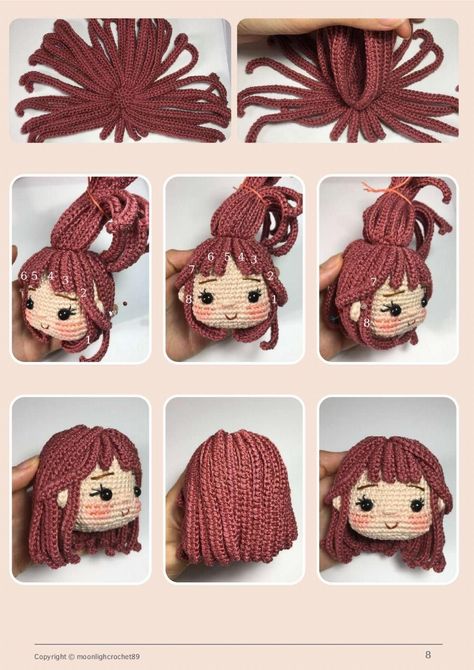 maris doll crochet pattern Hair For Amigurumi Dolls, Hair For Crochet Dolls, How To Crochet Hair For Amigurumi Dolls, Doll Hair Crochet Free Pattern, Amigurumi Hair Doll, Amigurumi Doll Hair Tutorial, How To Crochet Doll Hair, Crochet Hair For Amigurumi Doll, Doll Hair Crochet