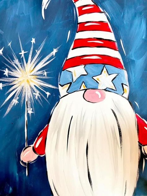 Gnome Wallpaper, Gnome Paint, Patriotic Art, Wine And Canvas, Flag Painting, Summer Painting, Canvas Painting Diy, Gnomes Crafts, Night Painting