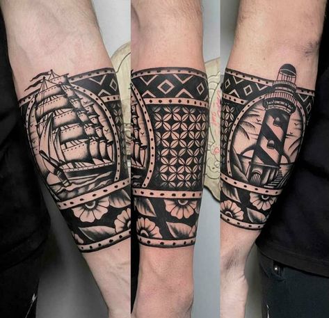 Traditional Band Tattoo Design, Traditional Framed Tattoo, Neo Traditional Hourglass Tattoo, Framed Traditional Tattoo Sleeve, American Traditional Frame Tattoo, Traditional Band Tattoo, Framed Traditional Tattoo, Frame Tattoo Ideas, Traditional Frame Tattoo