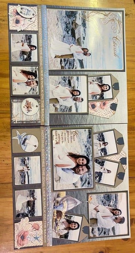 Scrapbook Ideas Wedding Layout, Scrapbook Pages With One Photo, Beach Wedding Scrapbooking Layouts, Scrapbooking Collage Ideas, Wedding Scrapbook Ideas Layout Simple, Scrapbook Page With Lots Of Pictures, Honeymoon Scrapbook Ideas Layout, Creative Memory Layouts, Double Scrapbook Page Layouts