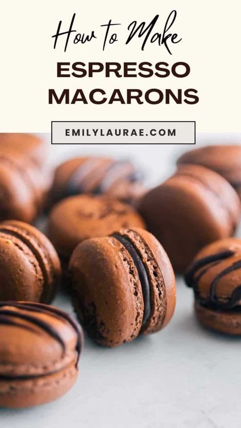 Coffee Macarons with Coffee Ganache on the counter. Coffee Macaroons Recipe, Chocolate Coffee Ganache, Ganache Recipe Frosting, Coffee Macaroons, Coffee Ganache, Coffee Macarons, French Macarons Recipe, Chocolate Macaron, Cookie Boxes